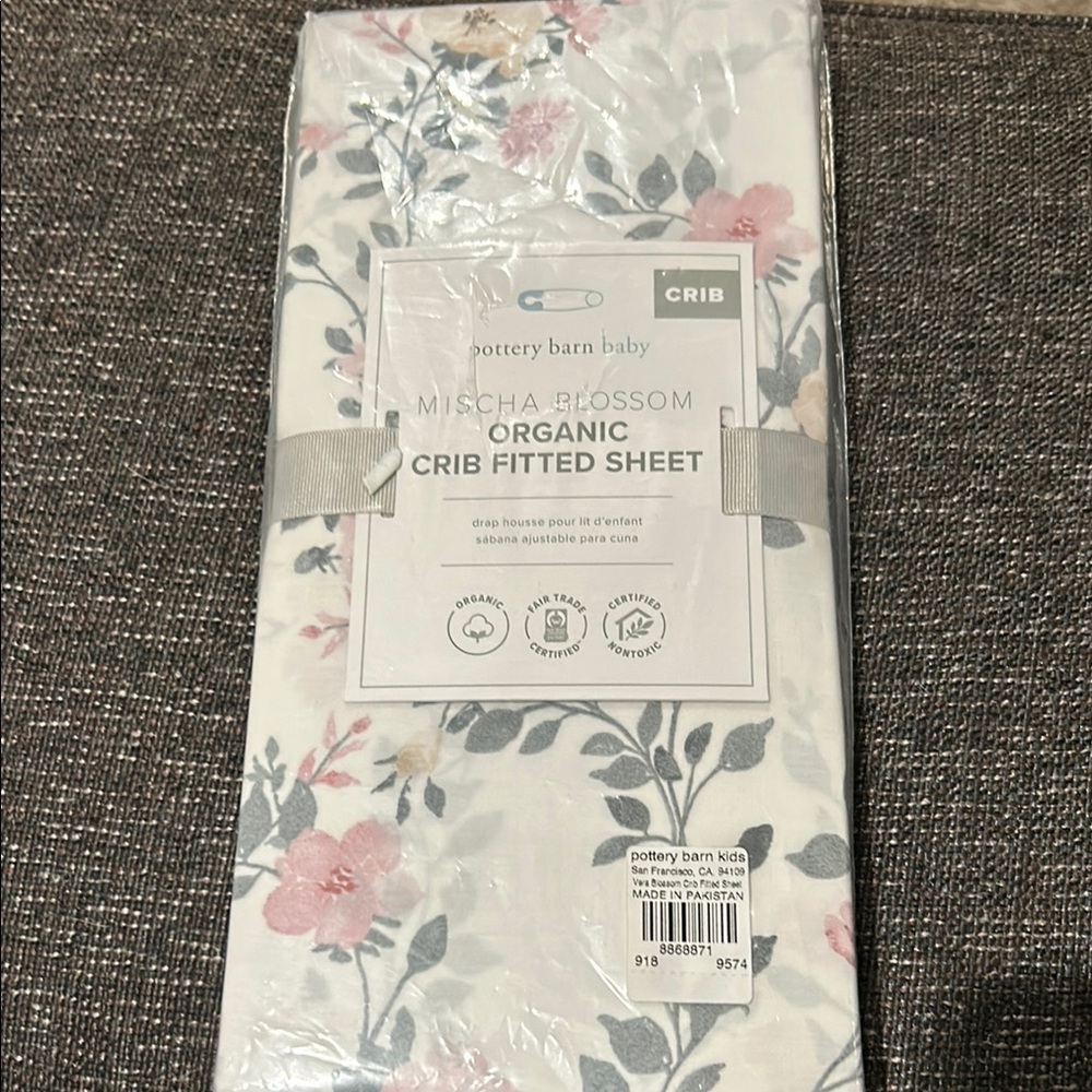 Pottery Barn Mischa Blossom Organic Crib Fitted Sheet - Pink and Gray